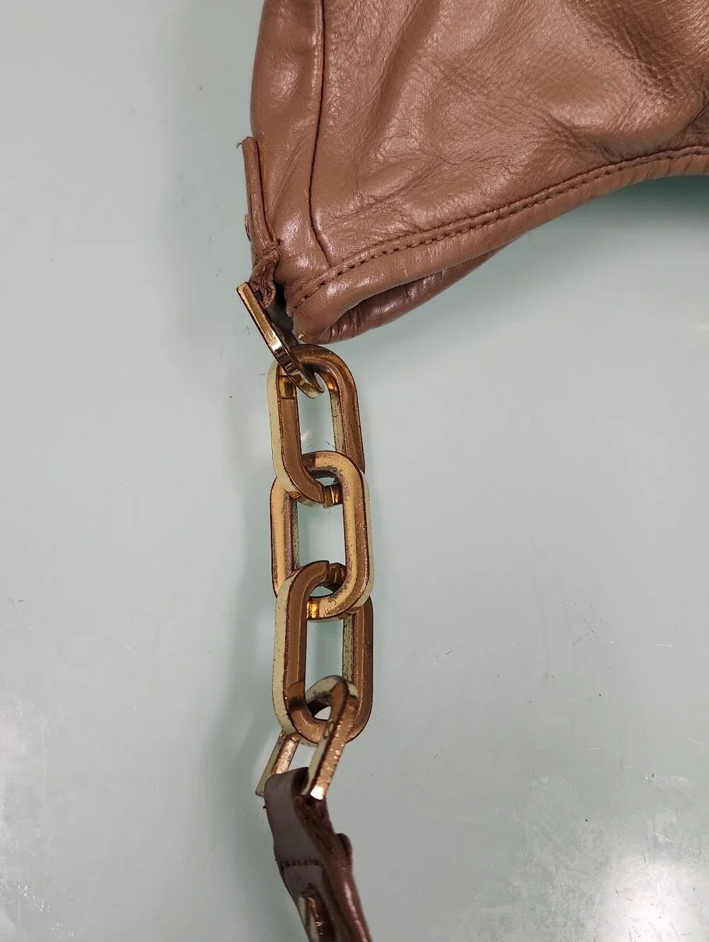 Tory Burch Taupe Brown Leather Shoulder Bag with Gold Logo